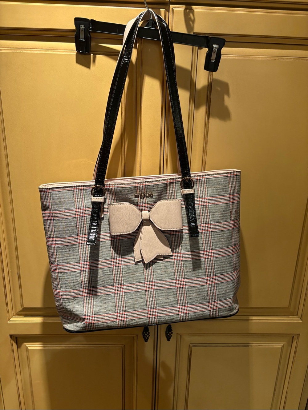 Plaid Mosiso Tote Laptop Bag with Bow Accent - Pink & Gray